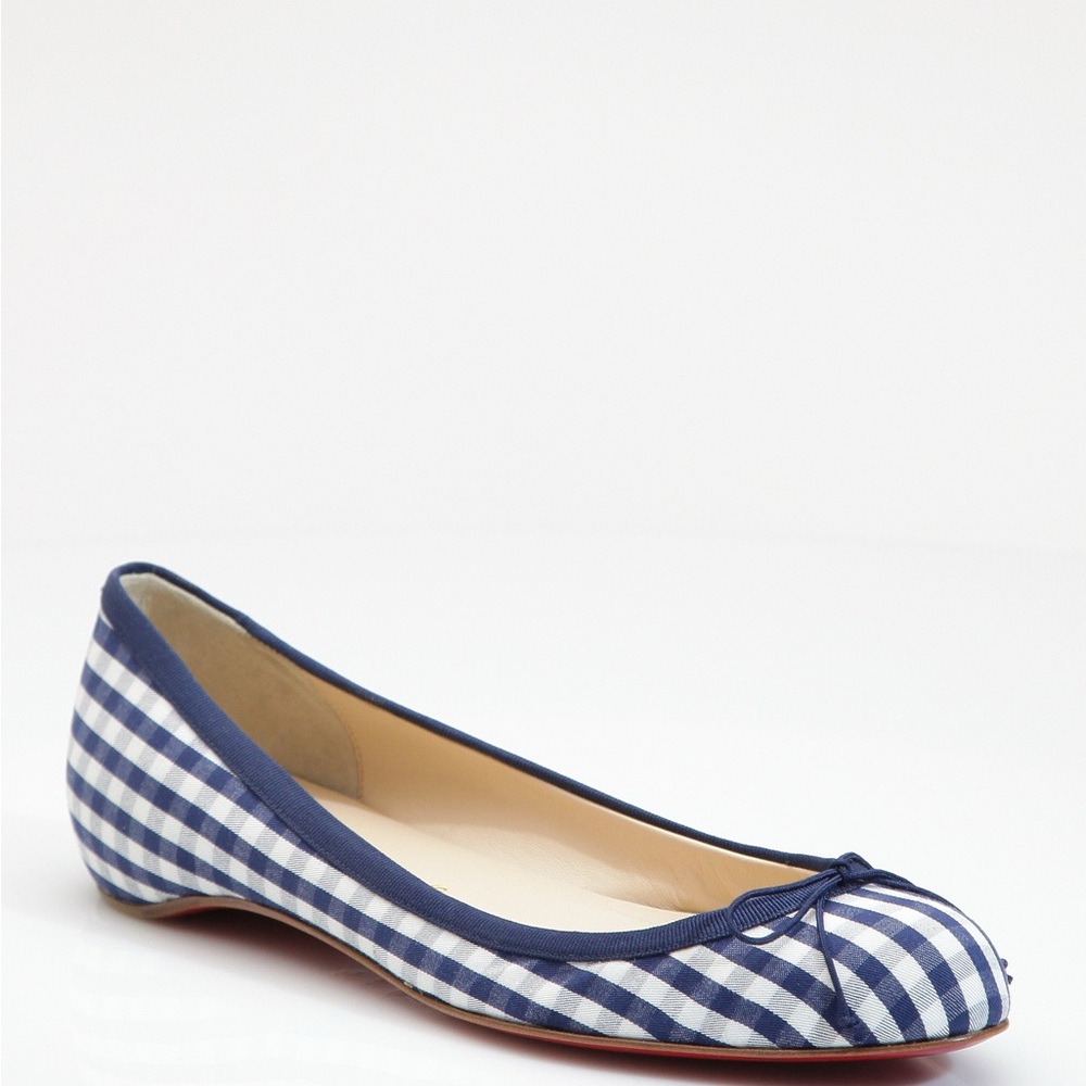 CHRISTIAN LOUBOUTIN Blue/White Gingham Check Fabric Rosella Flats Size 6.5/7